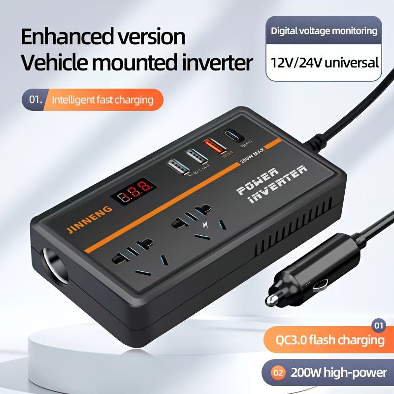 Power converter for vehicles changes 12V/24V to 220V, with USB charging, digital voltage display, no battery.