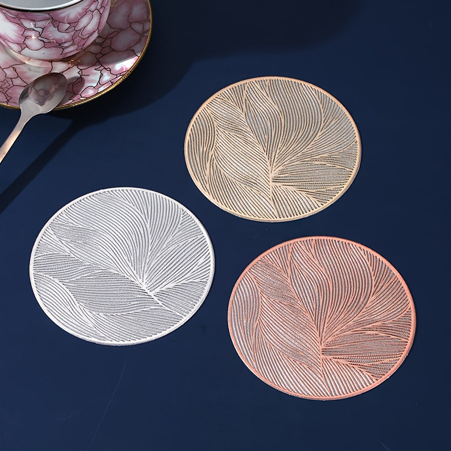 6 PVC round place mats with leaf pattern, heat resistant and non-slip. Hand wash only. Perfect for dining, weddings, and holiday decor.