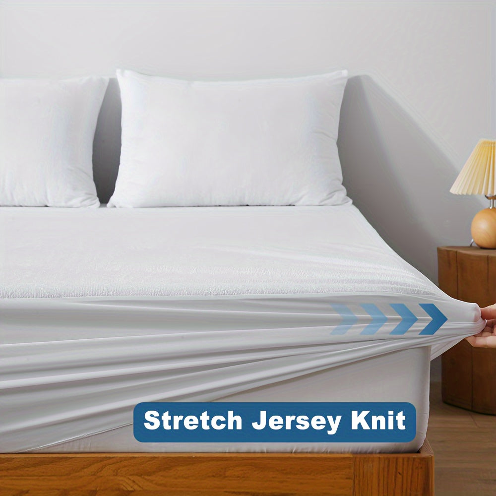 Protect your mattress with the 1pc Ultra-Soft and Breathable Microfiber Terry Mattress Protector. It features a 100% Waterproof and Noiseless TPU Layer, a Knit Fitted Sheet with Deep Pockets, and is Easy Care and Machine Washable. Perfect for Hotel and