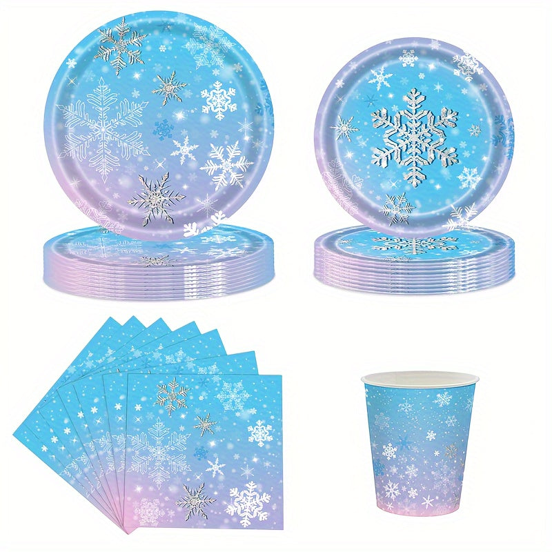 Winter Wonderland Party Supplies Set - Blue & Purple Snowflake Themed Tableware Kit with 68 Pieces, featuring Disposable Paper Plates, Cups, and Napkins for Christmas, New Year's, and Birthday Celebrations. Perfect for Festive Events and Essential for a