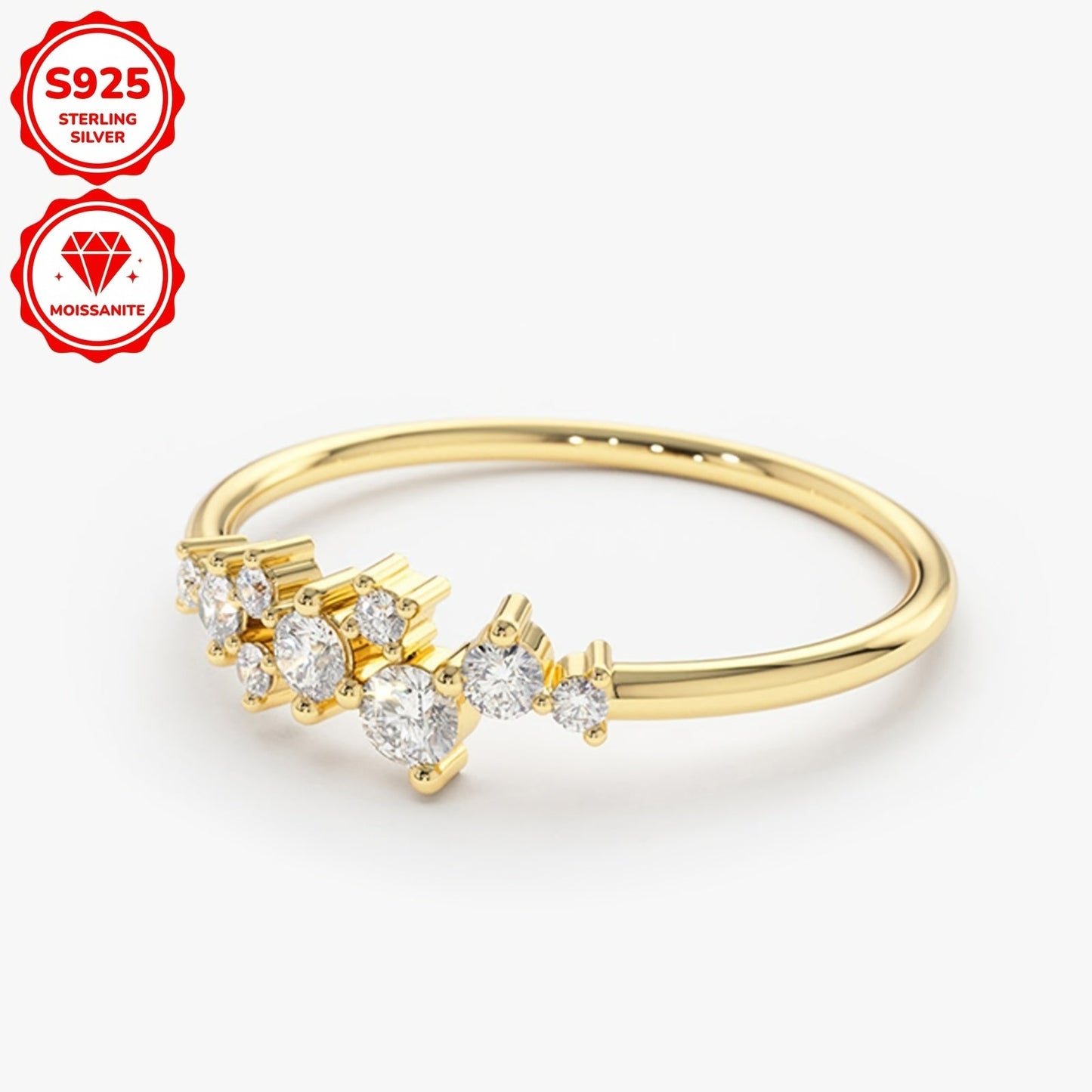 This delicate and stylish engagement ring for women is made of 925 silver and adorned with synthetic Moissanite stones. The ring features one 3mm stone, one 2.5mm stone, two 1.8mm stones, and five 1.6mm stones, totaling 0.3 carats. It is perfect for