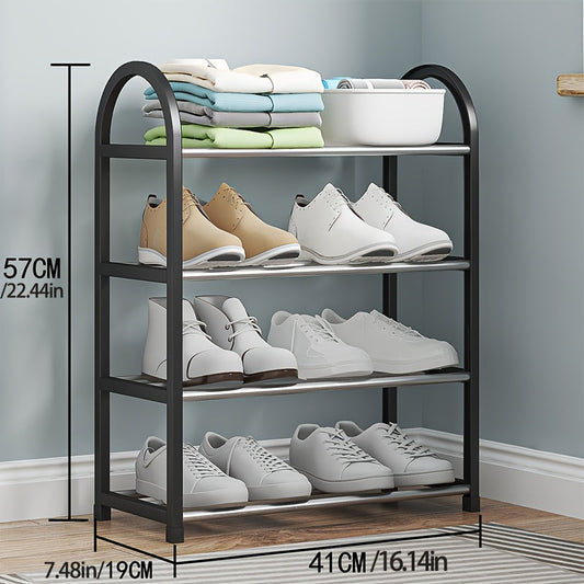 Free-standing shoe rack organizer made of metal and plastic, with space-saving design. Multi-tier shelf suitable for different room types. Door-mounted storage solution for dormitories and bedrooms, no electricity required.