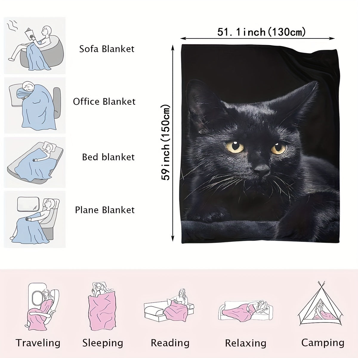 This luxurious small black cat pattern blanket is both soft and comfortable, perfect for use on the sofa, for a cozy office nap, during camping trips, or as a stylish home decoration. It also makes the ideal gift for parents and friends.