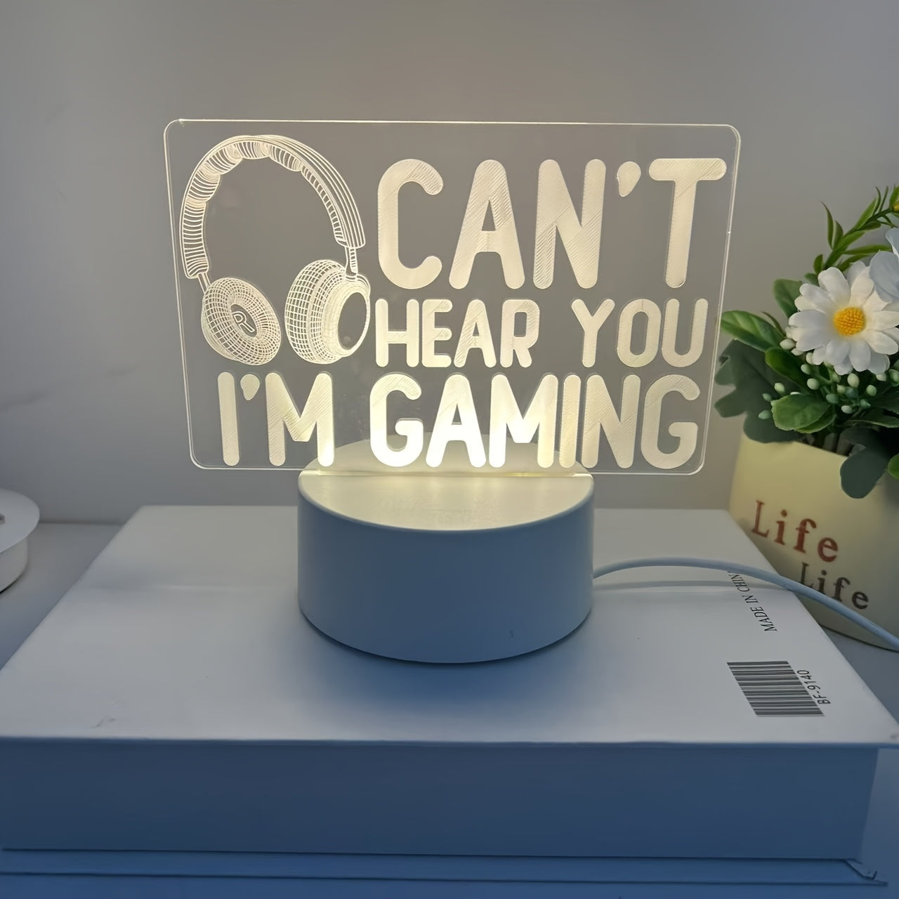 Modern USB-powered 3D gaming headset LED night light with striped design, ideal for desk and bedside decor - the perfect gift for gamers.