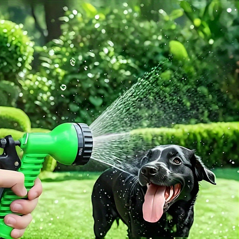 Flexible green garden hose set with high-pressure nozzle and connector for various outdoor uses such as watering, car wash, and pet cleaning. Available in lengths of 22.86m, 30.48m, and