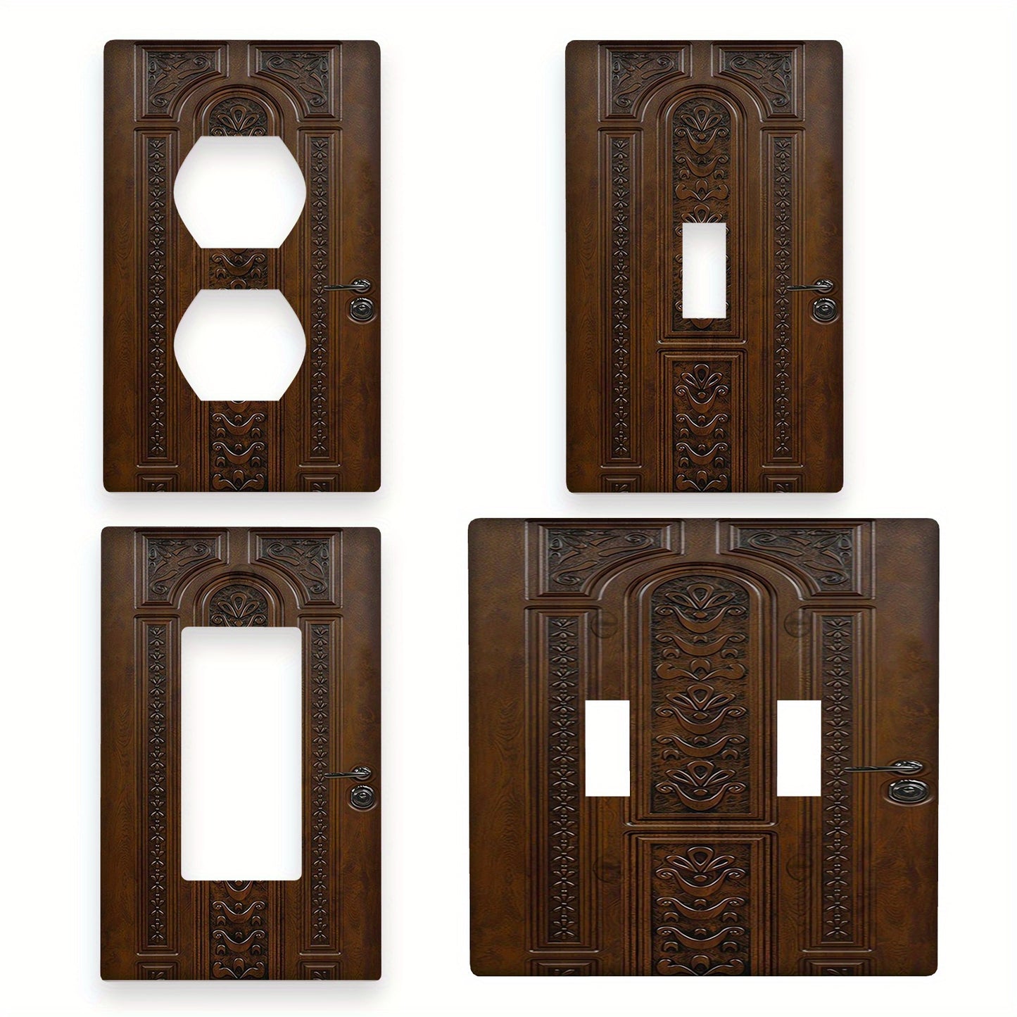 Polycarbonate light switch cover with wood grain effect, screw-in, no electricity needed. Versatile lamp switch plate for 1 or 2 way, easy installation for home décor.