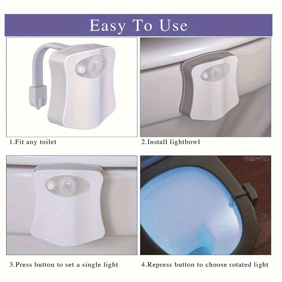 LED toilet light with motion activation, 16 color options, wall mountable, battery operated, modern design.