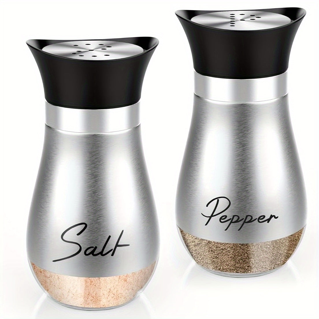 One set of 4 oz glass salt and pepper jars with stainless steel lids, perfect for kitchen, RV, camping, BBQ. Refillable design. Two jars in a set.