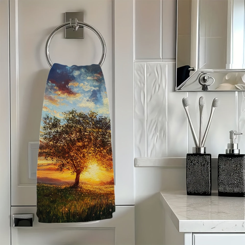 Get two ultra soft kitchen towels with "Sunset Serenity" and "Dusk Whimsy" designs. These highly absorbent polyester dish hand towels are machine washable and measure 40.64x60.96 cm. Perfect for holiday decor, these towels add a picturesque touch to your