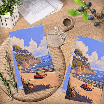 Set of 2 Ultra Soft Kitchen Towels perfect for your holiday decor, featuring a beautiful beach or coastal design. These highly absorbent dish hand towels are machine washable and measure 16x24 inches. Bring a touch of coastal charm to your kitchen with