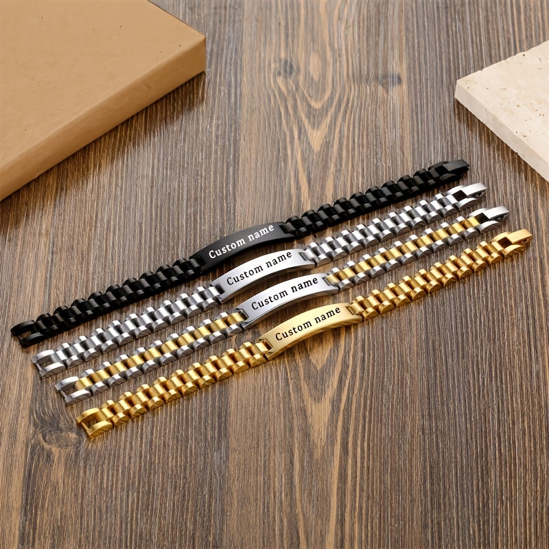 Custom Name Engraved Titanium Steel Bracelet with Personalized Stainless Steel 316L and 18K Gold Plating - Father's Day Gift for Fashion-Forward Men