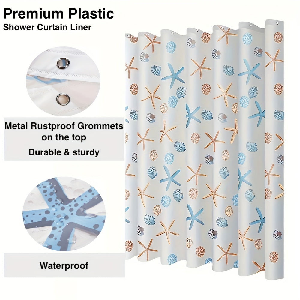 Durable plastic shower curtain liner with starfish shells design, waterproof, transparent, 180.34cm W x 180.34cm H, perfect for ocean-themed bathrooms.