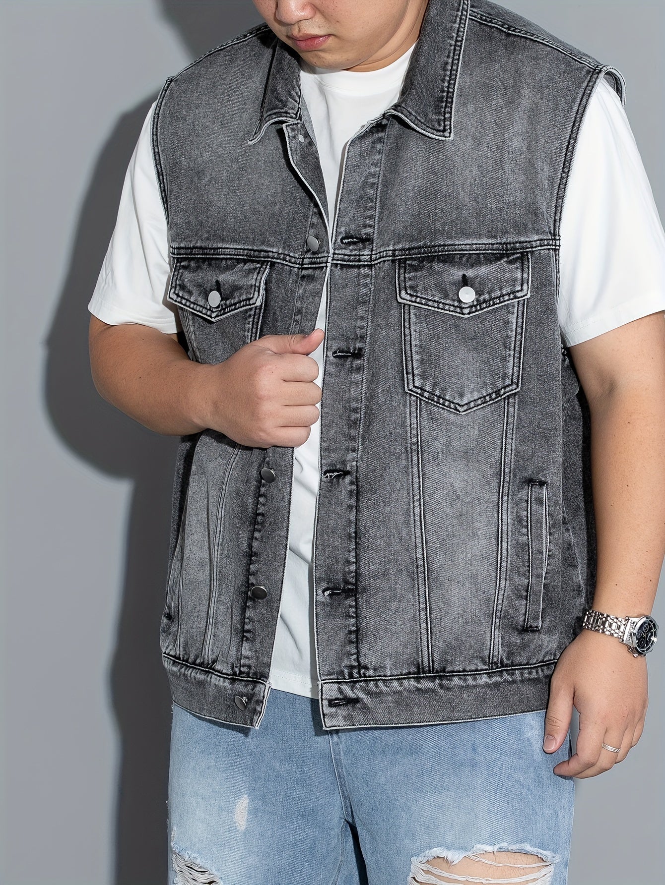 Men's sleeveless denim vest with flap pockets, button closure, lapel collar. Machine washable. Ideal for spring/summer/fall. Plus size.