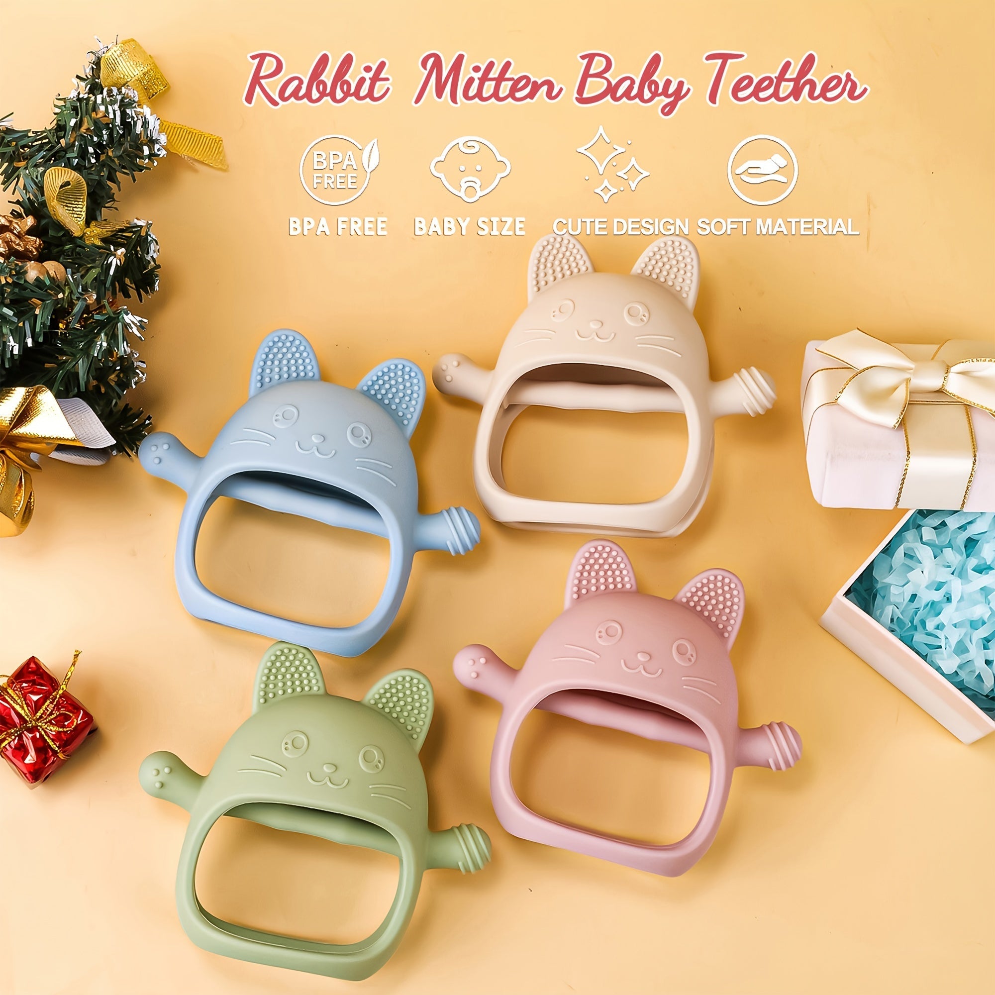 BPA Free Food Grade Silicone Teether featuring Adorable Animal Designs such as Rabbit and Chick, Perfect for Babies' Sucking Needs with Soft Texture Mittens