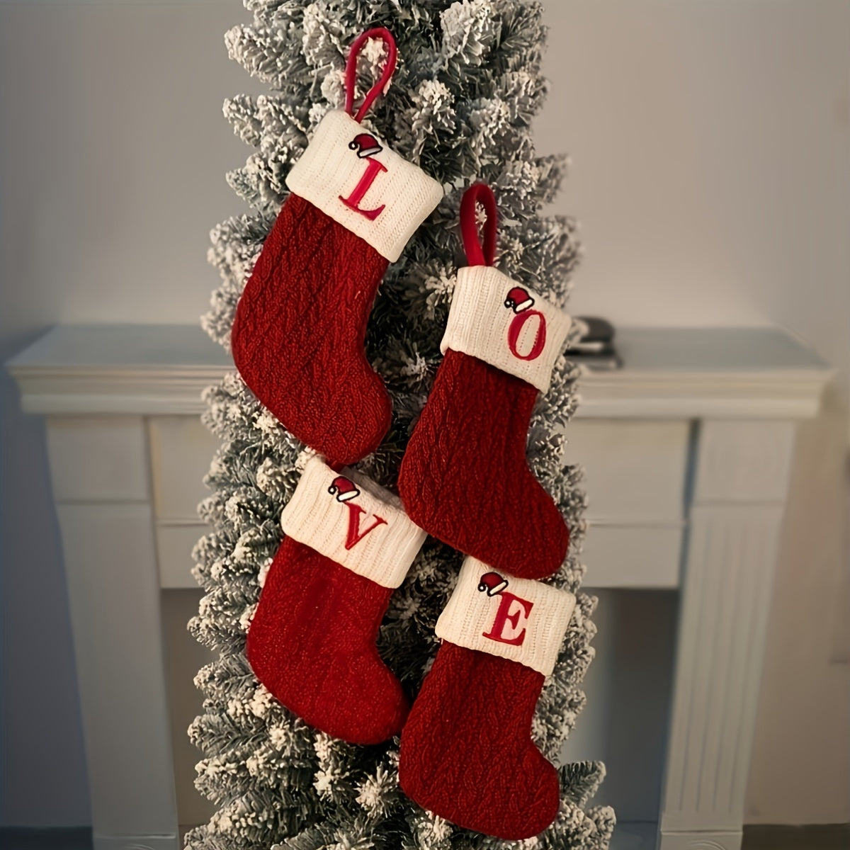 Knitted polyester stockings with personalized initials for festive parties, no electricity required.