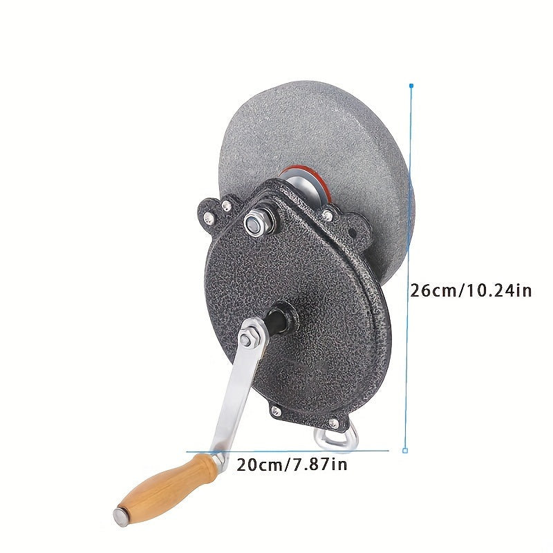 Manual hand crank sharpener with dual fine and coarse grit options for knives and scissors, made of durable metal construction and requires no power.