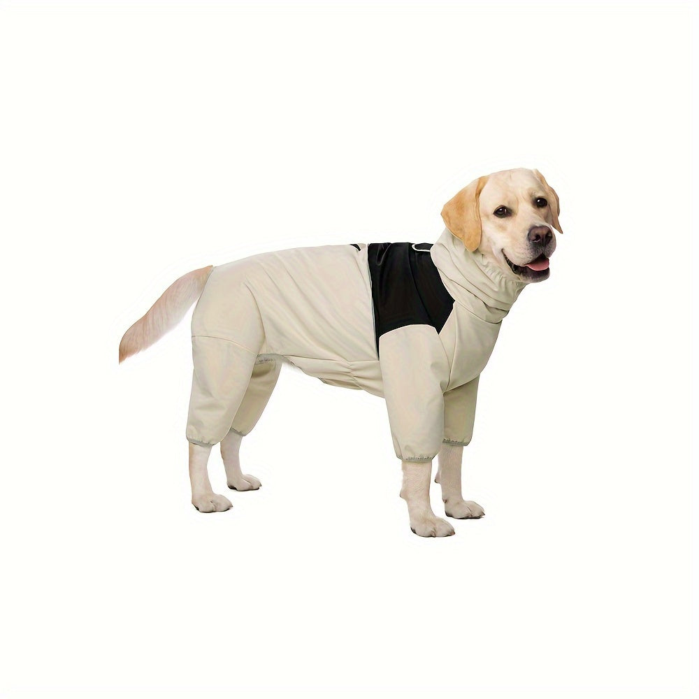 Medium to large breed dog raincoat in bright yellow. Made of durable polyester with zipper closure, ideal for Labradors, Golden Retrievers, Shiba Inus, and more.