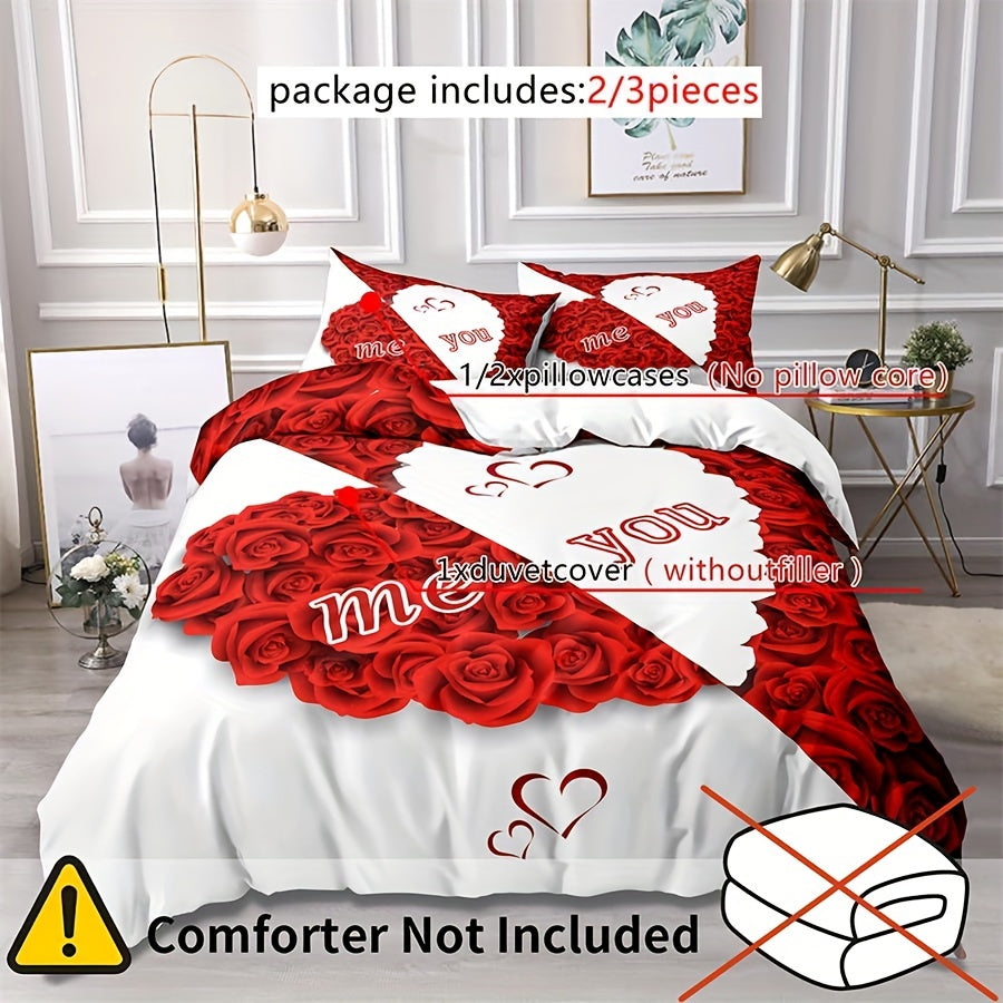 Red Rose Duvet Cover Set with 2 Pillowcases - Soft and Suitable for All Seasons