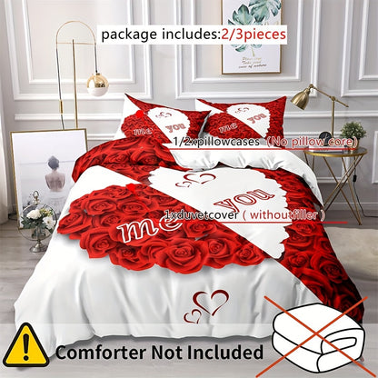 Red Rose Duvet Cover Set with 2 Pillowcases - Soft and Suitable for All Seasons