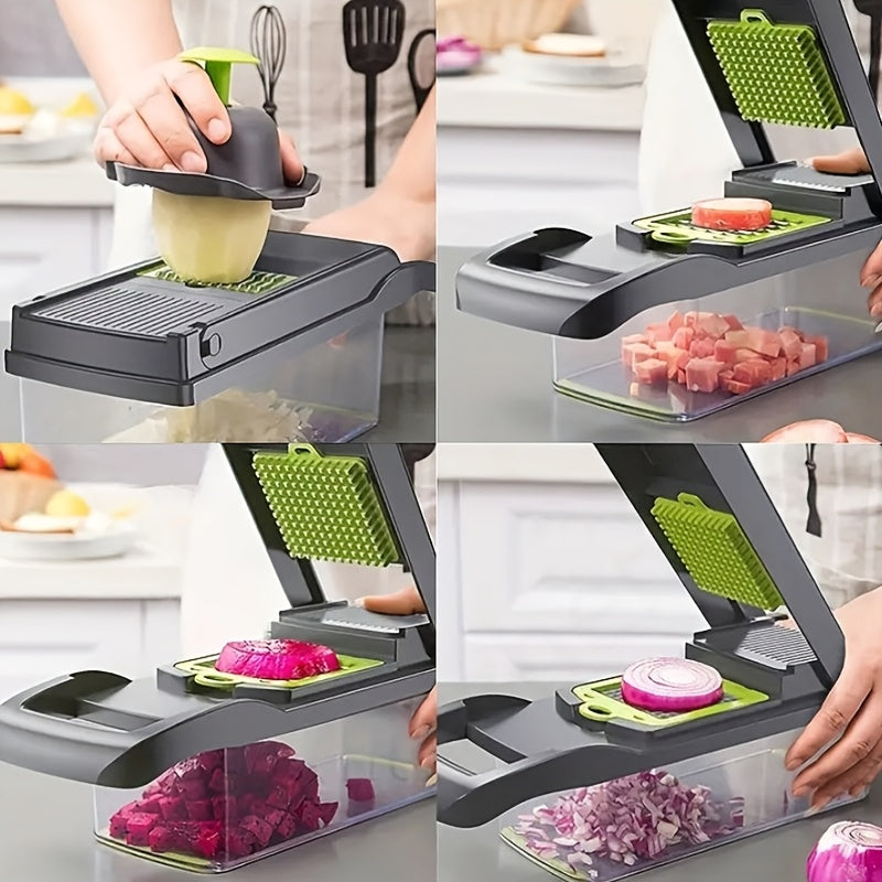 Get ready to slice, dice, and julienne your vegetables in a snap with this 16-piece multifunctional vegetable slicer and dicer! Featuring interchangeable blades for easy meal prep, this set includes a slicer with 8 blades and a convenient container for