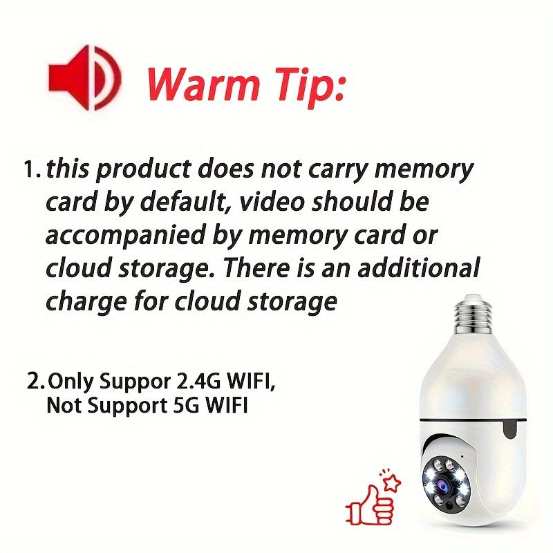 Light bulb security camera with E27 connector, featuring home WiFi capabilities. This 360-degree pan/tilt panoramic surveillance camera offers two-way audio functionality. Suitable for use both indoors and outdoors, this 2.4G IP camera does not come with