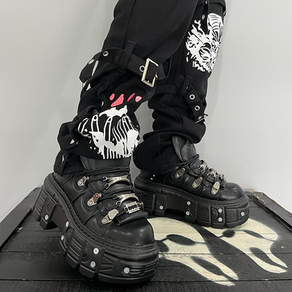 Women's gothic black high-top sneakers with platform heel, round toe, lace-up closure, non-slip sole, metal decoration, and thick high heel sole.