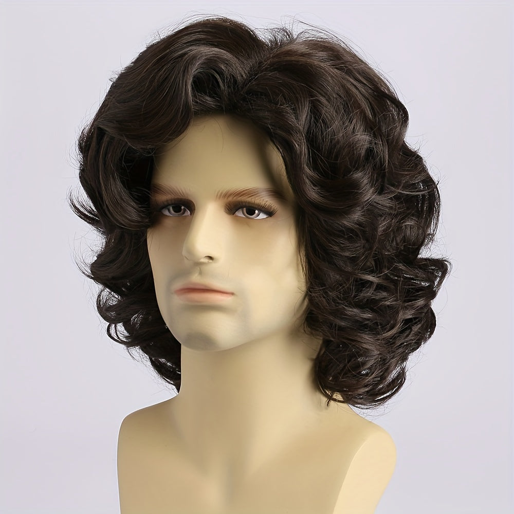 Get the perfect natural cool look with this men's fashion short curly deep brown wig! Measuring 35.56 cm in length, it is made from heat resistant synthetic fiber material and features side bangs. Suitable for daily wear, parties, Halloween costumes, and