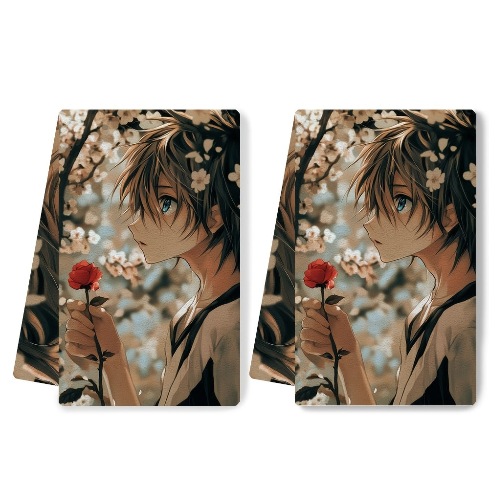 Two pieces of ultra soft kitchen towels featuring an anime boy with blue eyes leaning against a cherry blossom tree, holding a single red rose. These highly absorbent dish hand towels are perfect for holiday decor. Machine washable and measuring 16x24