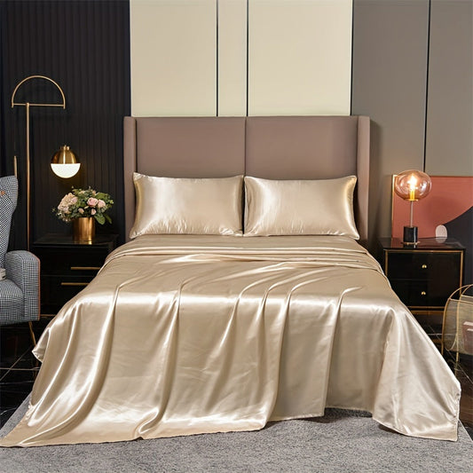 Luxurious Classic Fitted Sheet Set includes 4 pieces - a soft, comfortable, and breathable satin solid color bedding set perfect for bedrooms, guest rooms, hotels, and dorm decor. Made from silky and skin-friendly fabric, this set includes 1 flat sheet