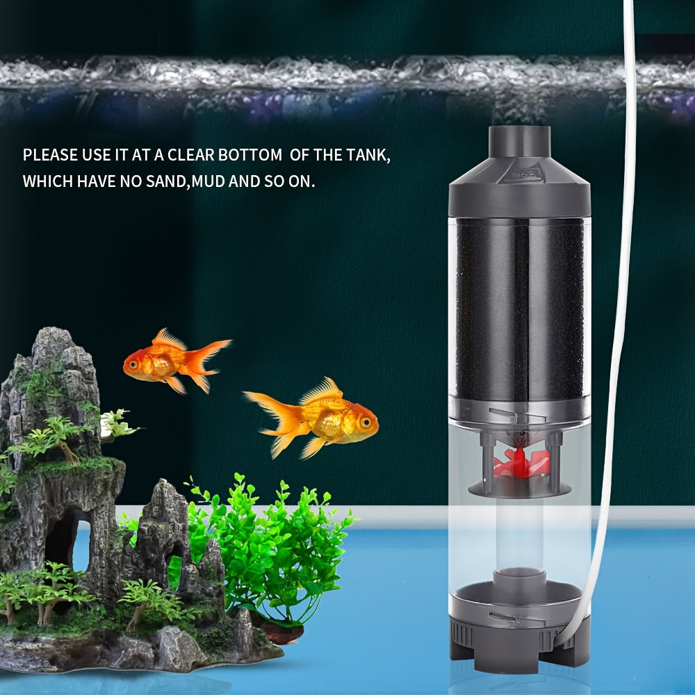 Automated filter cleaning system for aquarium fish waste with air pump.