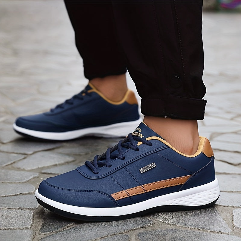 VanWeir men's casual sneakers feature PU upper, MD sole, fabric insole, and navy blue design with white and orange accents, perfect for all seasons.