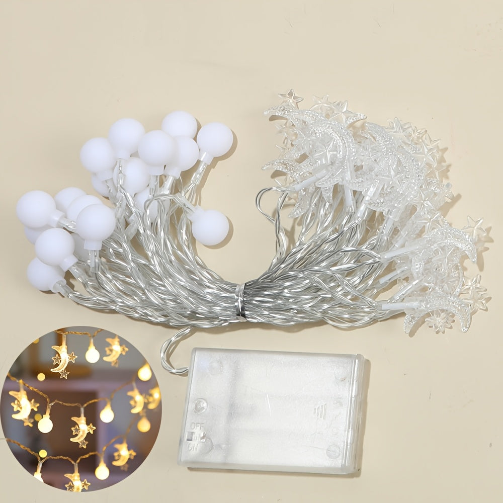 Moon and star Ramadan string lights, battery operated, plastic material, perfect for Eid celebration and indoor room decoration. Great for bedroom walls, wedding parties, and holiday