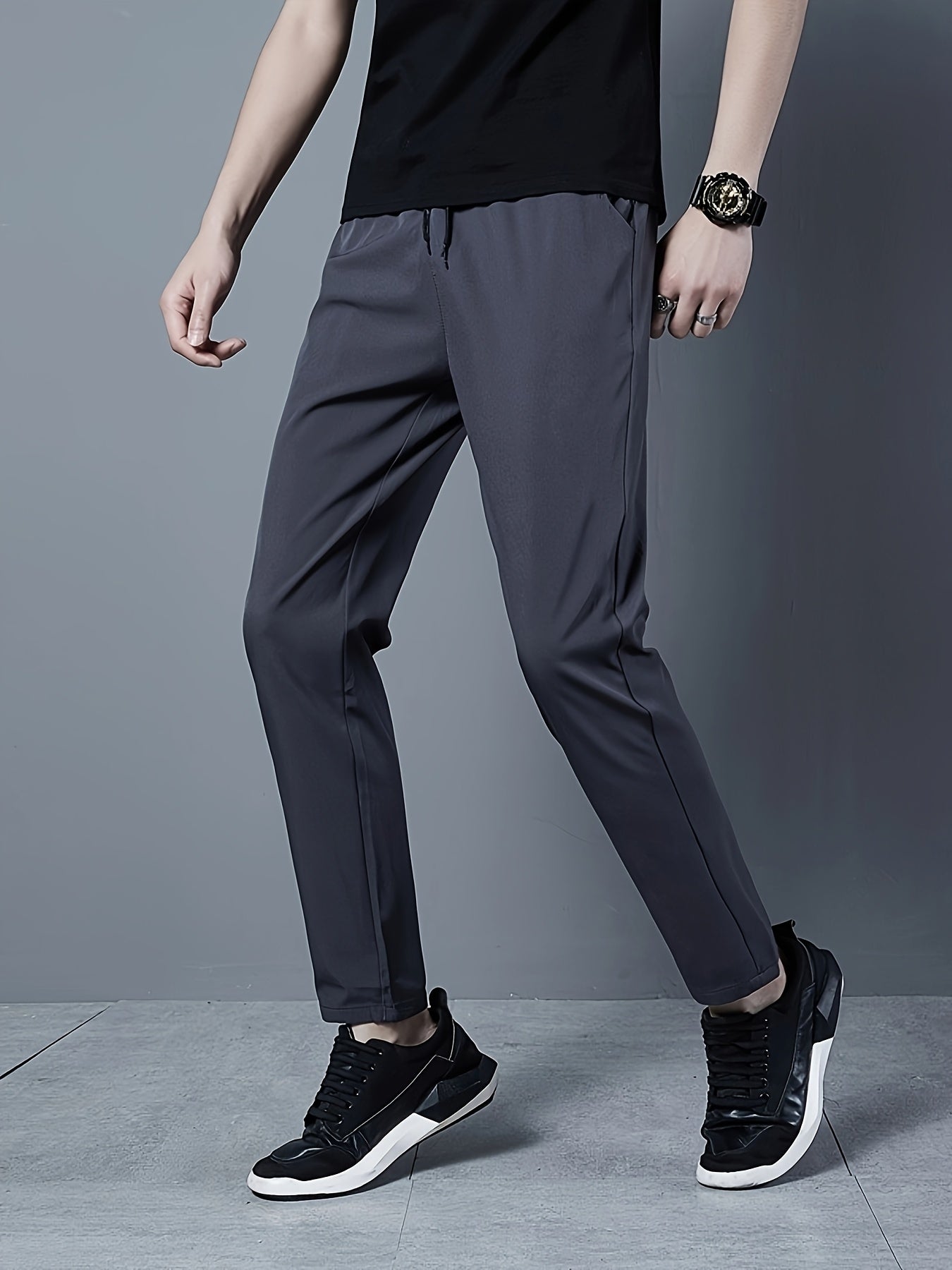 Men's Solid Golf Pants, Drawstring Slim-fit Dress Pants with Pockets for Summer.