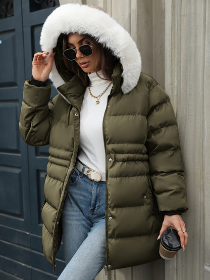 Women's casual hooded puffer jacket in solid color, with long sleeves, regular length, and non-stretch polyester. Features a zipper detail, placket closure, and H-fit for fall/winter.