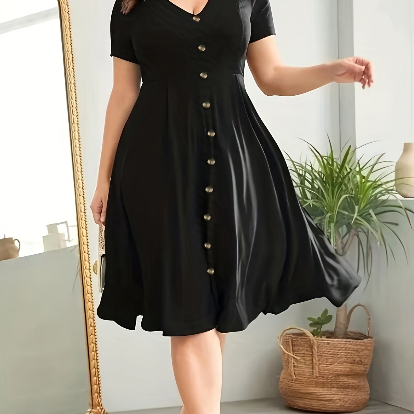 Polyester V-Neck Raglan Sleeve Dress with Fake Buttons, Flared Hem, Fitted, Elegant for Women, Weekend Casual, Spring/Summer