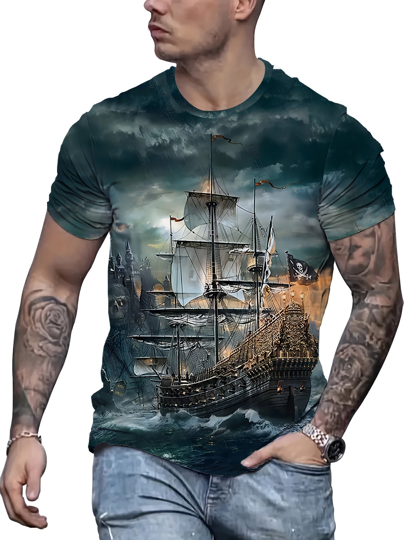 Men's pirate ship print t-shirt made of polyester knit fabric with slight stretch, featuring casual street style and regular fit for daily wear in plus size.