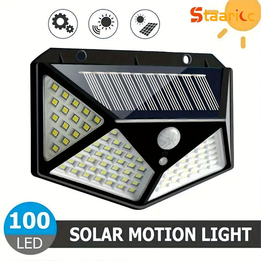 Staaricc 4-Pack Solar Motion Sensor LED Wall Lights with 100 LEDs, 270° angle, ABS material, semi-embedded installation, and solar-powered 800mAh lithium battery for outdoor lighting in