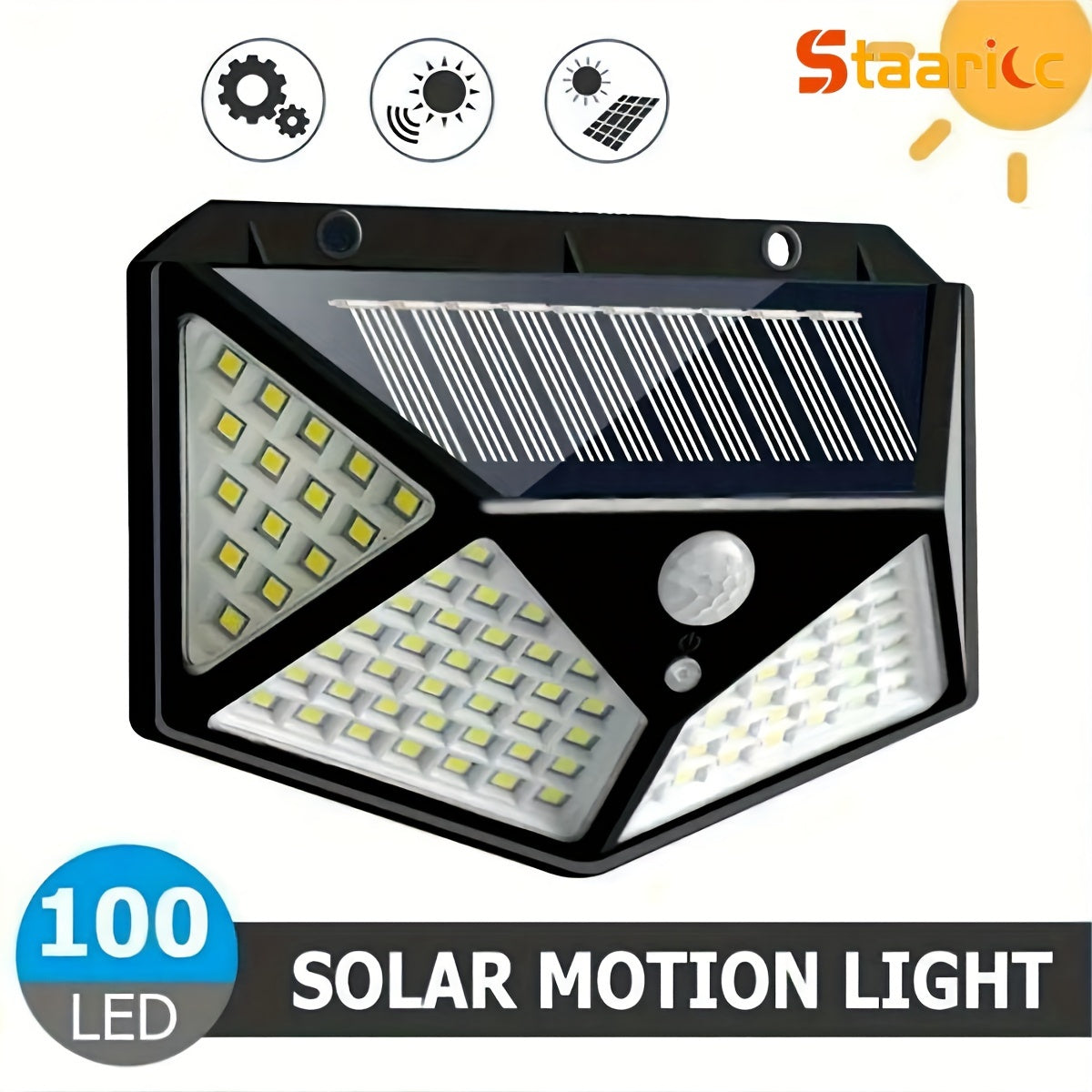 6pcs Staaricc smart solar LED Lights for outdoor use with 100 LEDs, motion sensor, 270° wide-angle illumination, and 3 lighting modes - ideal for yard, garden, patio, fence, driveway, and