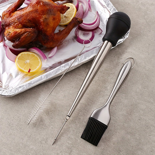 Set of high-quality stainless steel turkey baster and silicone brush, designed for easy cleaning and high-temperature resistance. Ideal for creating perfect marinades and cooking.