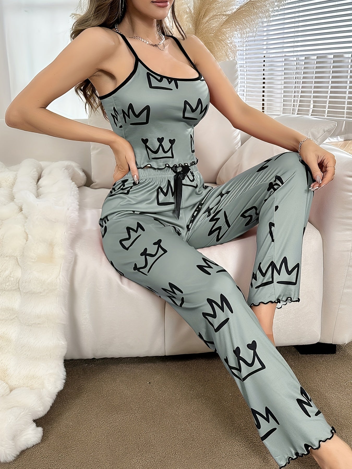 Women's Crown Pattern Pajama Set with Scoop Neck Cami Top and Bow Decor Elastic Waistband Pants for Sleepwear and Loungewear.