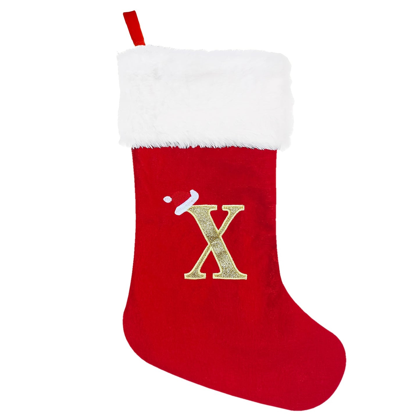 1 red velvet Christmas stocking with white plush cuffs, embroidered initial, 53.34 cm. Perfect for holiday parties and home decorations.