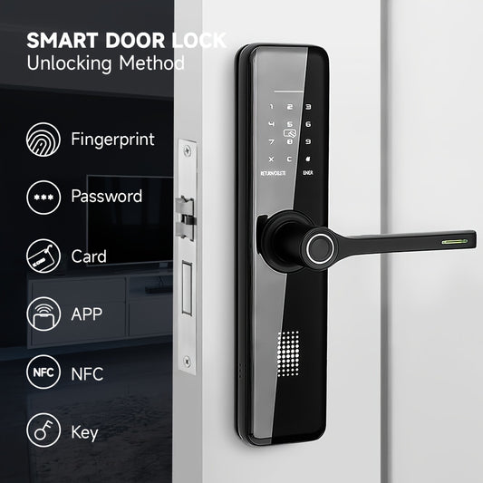 The SUMUS Smart Door Lock is a keyless entry, front door lock made of aluminum alloy. It is universal, battery powered, with Wi-fi, and includes an app and keypad. Shock-resistant but