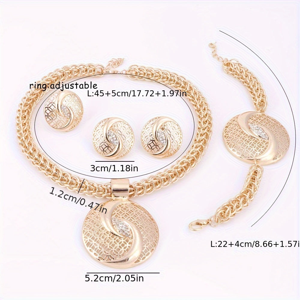 Extravagant Golden Rhinestone Jewelry Set - Complete with Necklace, Earrings, Bracelet & Ring | Ideal for Weddings & Special Events