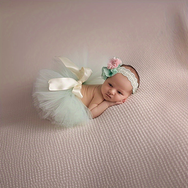 Photography Props for Studio Shoot: Cute Green Tutu Skirt Dress and Headband Set for Newborn Baby Girl