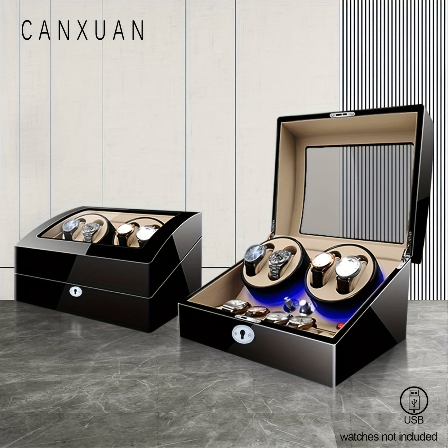 1 pc CANXUAN automatic watch winder box with 4+6 slots, quiet motors, key lock, LED light, soft pillow, faux leather, USB-powered, suitable for men's and women's watches, battery not