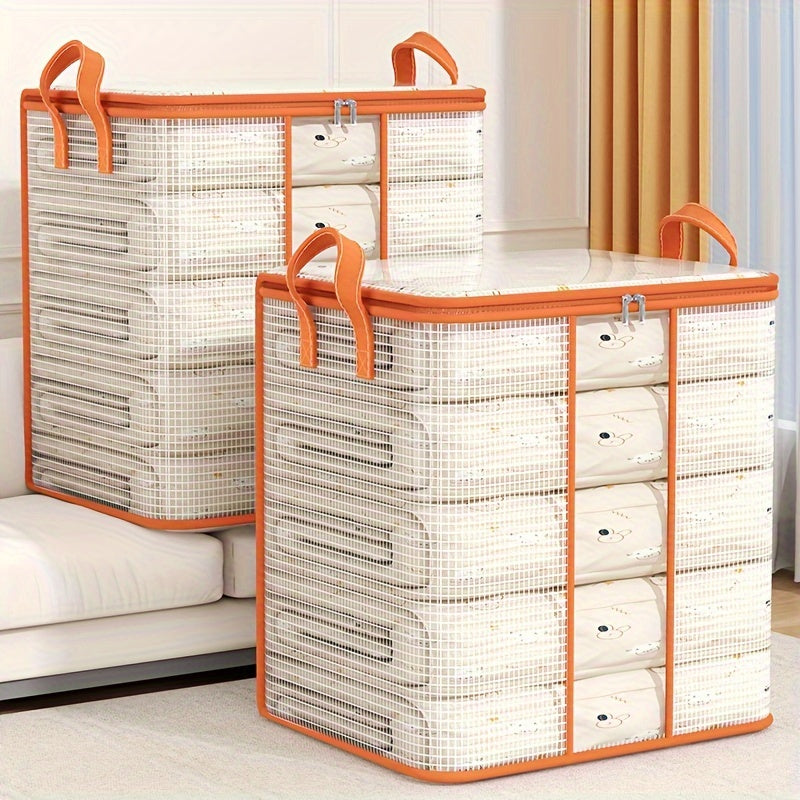 Large capacity transparent PVC storage bag with fixed handles, waterproof and dustproof, ideal for organizing dorm clothes and bedding, as well as providing a practical under-bed storage solution in the bedroom.