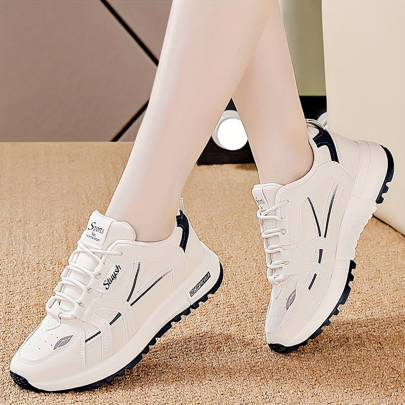 Women's Casual Athletic Sneakers in White with Black Accents - Lightweight, All-Season, Low-Top Lace-Up Shoes with Faux Leather & Mesh Interior, Comfortable PU Sole, Hand Washable