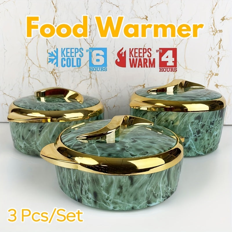 Golden Touch Food Warmer set includes 3 pieces of thermal casserole dishes with lids in sizes 1.5L, 2L, and 2.5L. The insulated stainless steel containers are suitable for hot and cold