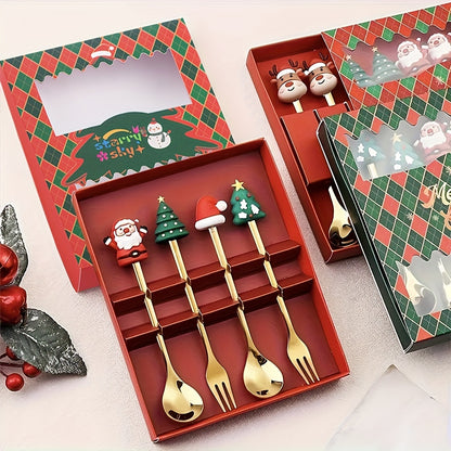 Christmas fork and spoon set, 4/6 pieces stainless steel tableware for Christmas party decoration. Gift set includes coffee, tea, and dessert forks and spoons.