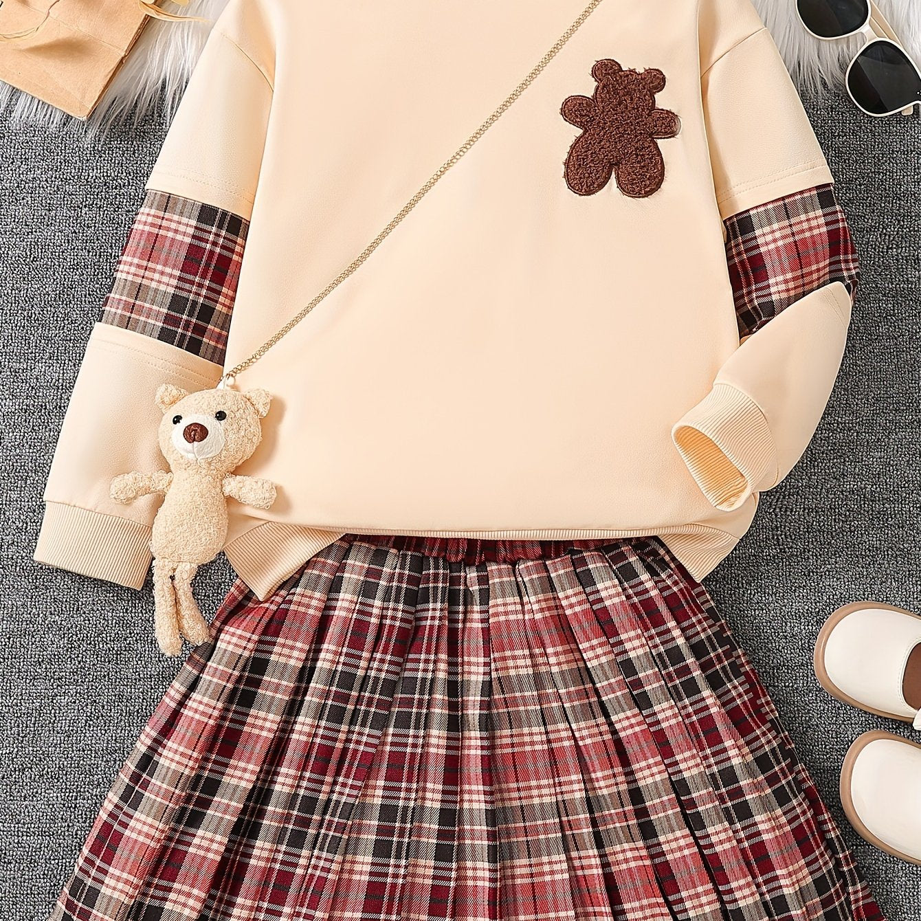 3-piece set with autumn-themed bear embroidery, plaid top, pleated skirt, and bear pendant.